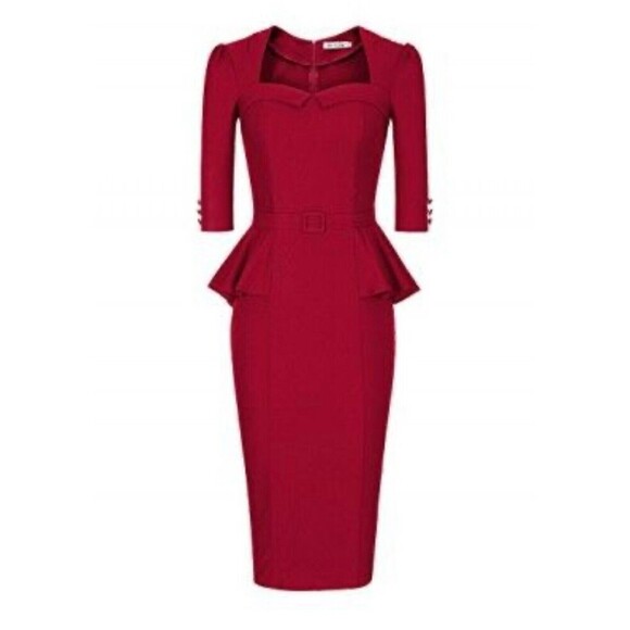 Muxxn Red Retro Dress Rockabilly 50's XL Womens Peplum Waist Long Sleeve Classic - Picture 1 of 10